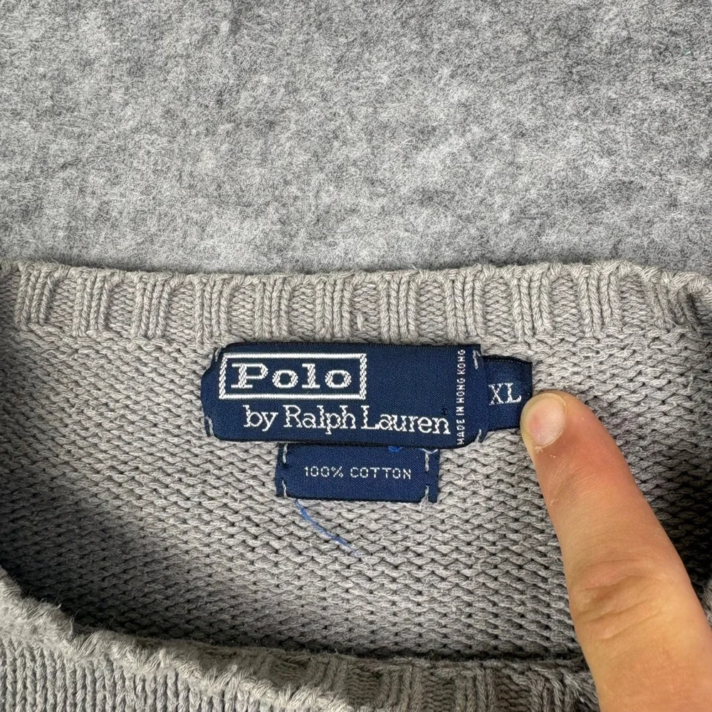 Vintage Polo Ralph Lauren Crewneck Sweater Grey Cotton Knit Pony Logo XL